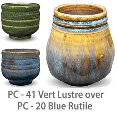 four different types of vases are shown in three different colors and sizes, one is yellow, the other is blue