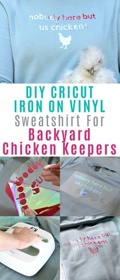 Light blue sweatshirt with hot pink vinyl lettering that reads "nobody here but us chickens". Chicken themed DIY Cricut iron on vinyl project idea. Chicken Shirt Ideas, Chicken Cricut, Siser Easy Subli Htv, Cricut Iron On Ideas, Iron On Ideas, Cricut Sweatshirt, Cricut Chicken Shirts, Chicken Projects, Crazy Chicken Lady Svg