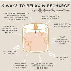 a candle with instructions on how to relax and recharge