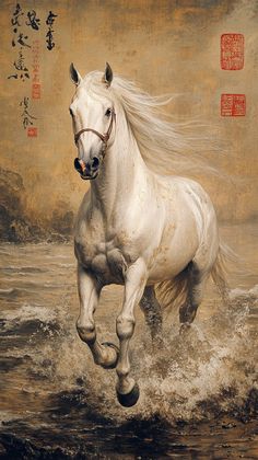 a white horse running through the water with chinese writing on it's wallpaper