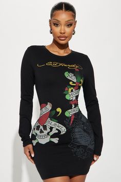 Ed Hardy Heart T-Shirt Dress - Black | Fashion Nova, Dresses | Fashion Nova Ed Hardy Dress, Ed Hardy Tiger, Long Sleeve Tshirt Dress, Boho Attire, Shirt Dress Fall, Tunics With Leggings, Ideas Closet, Big Mama, Clothes Wishlist