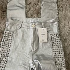 Silver Women’s Pants. Studded Side Legs. Size L, But Can Probably Fit A M. Nwt High Rise Party Bottoms With Pockets, Glamorous Fitted Silver Pants, Leather Silver Pants, Plus Size Silver Pants, Silver Stretch Full-length Bottoms, Silver Studded Ankle-high Boots, Brown Cargo Pants, Eileen Fisher Pants, Black Ankle Pants