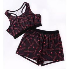 Black 2 Piece Sleep Lounge Set With Yes Daddy Pattern True To Size Tracksuit Women Fashion, Bodycon Bodysuit, Fleece Pajama Pants, Top And Shorts Set, Cute Lazy Outfits, Lazy Outfits, Y2k Clothes, Casual Sport, Crop Top And Shorts