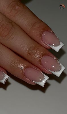 #nailtypes #frenchnails French Tip Acrylic Nails With Sparkle, French Tips Nails Glitter, French Tip For Wedding, French Tip Nails Square Glitter, Glitter French Nails Square, French Nails With Sparkle Glitter, Glitter Lined French Tips, French Tip Nails Square With Design, White French Tip Nails With Design Summer