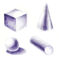 pencil drawings of different shapes and sizes on white paper, including a cone, cube, and ball