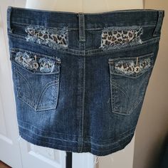 Denimn Skirt With Animal Print Back Detailing. Slightly Frayed Hem. Super Cute!!!! New. Waist To Hem Length 13" Pink Denim Skirt, 2000s Jeans, Asian Vintage, Camo Mini Skirt, Y2k Mini Skirt, Distressed Skirt, 2000s Clothes, Overall Skirt, Wardrobe Pieces