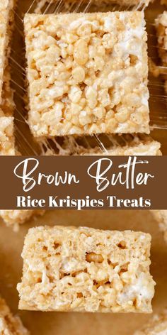 brown butter rice krispies treats stacked on top of each other with the words, brown butter rice krispies treats