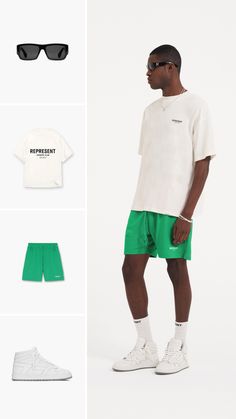 sunglasses owners club t-shirt mesh shorts basketball shorts summer outfit high top trainer represent clothing Dress Like A Parisian, Summer Activewear, Express Outfits, Apparel Design Inspiration, Summer Capsule, Guys Clothing Styles, Outfit Grid, Flat White, Mens Loungewear