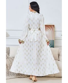 Get 10% off now! Buy white with gold vneck embroidered kaftans abaya dress for women at cheap price online. Free stable shipping and pro custom service since 2009. Abaya For Women, Casual Abaya, Muslim Evening Dresses, Traditional Festival, White Elegance, High Low Prom Dresses, Dress Muslim, Eid Dresses, Muslim Dress