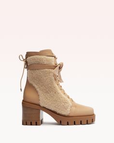 Shearling Clarita Combat Bootie 65 Beige Boots R/23 35 Beige Nappa Elegance & Curly Shearling Beige Combat Boots, Winter Outfits Warm, Womens Summer Shoes, Shearling Boots, Block Heel Boots, Chunky Block Heels, Boots For Women, Lace Up Heels, Designer Boots