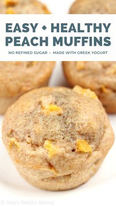 healthy peach muffins on a white plate with text overlay