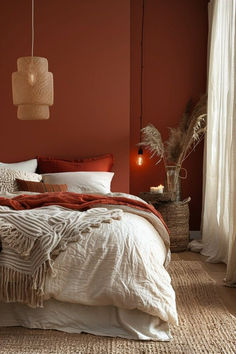 a bedroom with red walls, white bedding and an orange lamp hanging from the ceiling