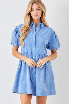 Baevely Button Up Mini Dress Puff Sleeves - Blue Mini Dress Puff Sleeves, Button Up Mini Dress, Exquisite Dresses, Fall Winter Jacket, Dress With Collar, Fall Denim, Comfy Dresses, Black Long Sleeve Dress, Long Black Dress