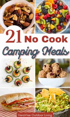 the cover of 21 no cook camping meals, including salads and fruit in bowls