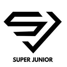 the super junior logo is shown in black and white, with an arrow at the bottom