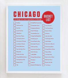 a chicago bucket list is shown on a blue background with a red circle in the center