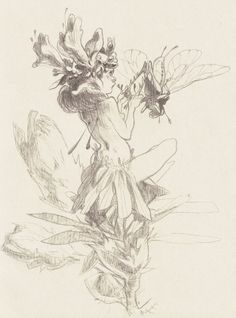 a pencil drawing of a woman with flowers in her hair and a bee on her back