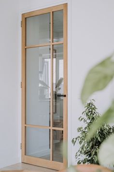 an open glass door in the corner of a room next to a potted plant