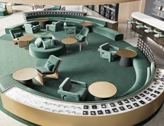 a circular seating area with tables and chairs