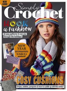 the cover of simply crochet magazine with a woman wearing a knitted hat and scarf