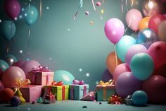 balloons, presents and streamers are in front of a blue background with confetti