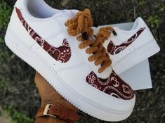 Custom Air Force Ones, Lace Bandana, Red And Black Shoes, Painted Nikes, Pretty Sneakers, Air Jordans Women, Custom Af1, Custom Shoes Diy, Nike Shoes Air Force