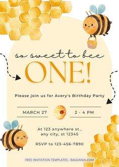 a birthday party card with bees and honeycombs on the front, says so sweet to be one please join us for avery's birthday party