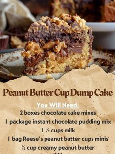 a piece of peanut butter cup dump cake on a plate with the recipe below it