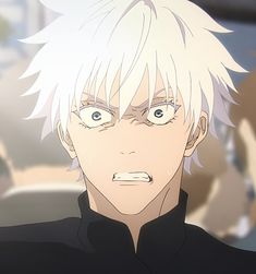 an anime character with white hair and blue eyes looking at the camera while staring into the distance