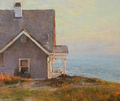 a painting of a house sitting on top of a hill next to the ocean with an open door