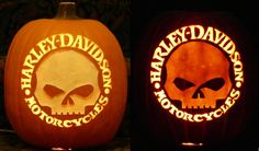 two carved pumpkins with the words harley davidson on them and a skull in the middle