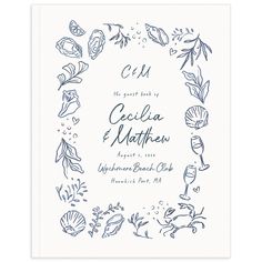 a wedding card with an image of shells and seashells on the front, in blue ink