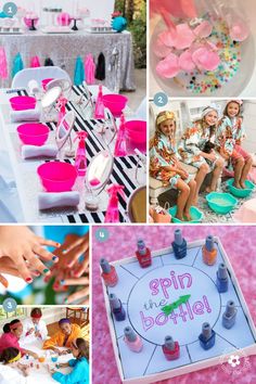 a collage of photos with pink and blue decorations