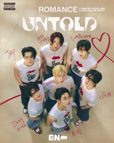 a group of young men standing next to each other in front of a poster with the words untold written on it