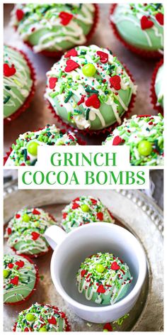 green and white cupcakes with sprinkles on them, sitting in front of