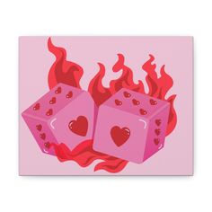 two pink dices with hearts are on fire