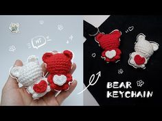 crochet bear keychain made with red and white yarn