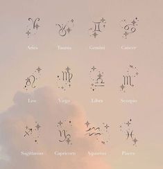 the zodiac signs and their meanings are shown in black ink on a pink sky background