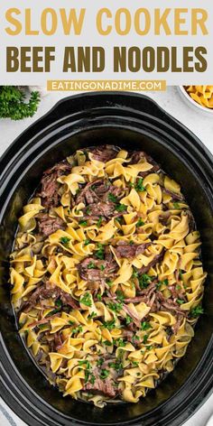 Easy Slow Cooker Beef and Noodles is the best comfort food. The beef cooks tender in a delicious liquid broth to create a delicious meal idea. This beef and noodles dish makes the best weeknight meal. The flavors combined together for a meal that the entire family will love. #eatingonadime #slowcookerbeefandnoodles #easyrecipe Slow Cooker Beef And Noodles, Beef And Noodles Crockpot, Beef Tips And Noodles, Quick Bread Recipes Easy, Homemade Egg Noodles, Noodle Recipes Easy, Winter Cooking, Pizza Recipes Easy