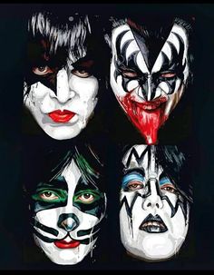 four different faces painted in black and white with red lipstick on each face, including one woman's face