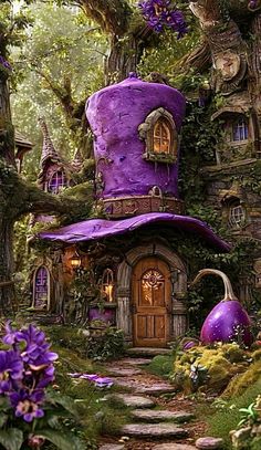 a purple fairy house in the middle of a forest with lots of trees and flowers