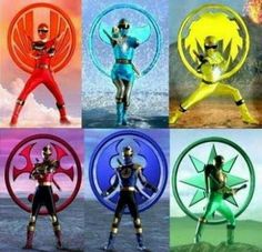 six different images of the power rangers in their respective outfits and colors, with one person holding