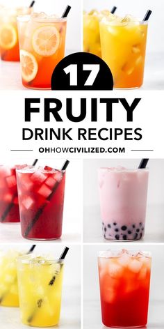 different types of fruity drinks with text overlay