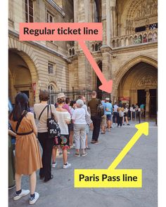 people are standing in line to get tickets at the paris pass line, where there is an arrow pointing up