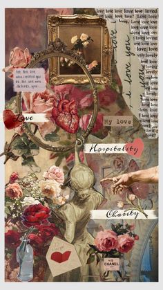 an altered collage with flowers, pictures and words on it's side by side