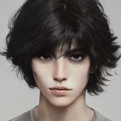 a digital painting of a woman's face with green eyes and black hair, wearing a gray shirt