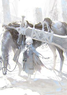 a woman standing next to a horse in the snow