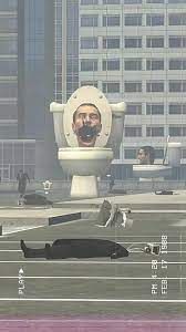 an animated image of a man sitting on a toilet in the middle of a city