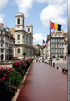 a city street lined with flowers and buildings