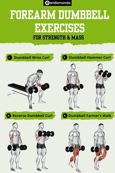 an exercise poster showing how to do dumbbell exercises for strength and mass, with the instructions